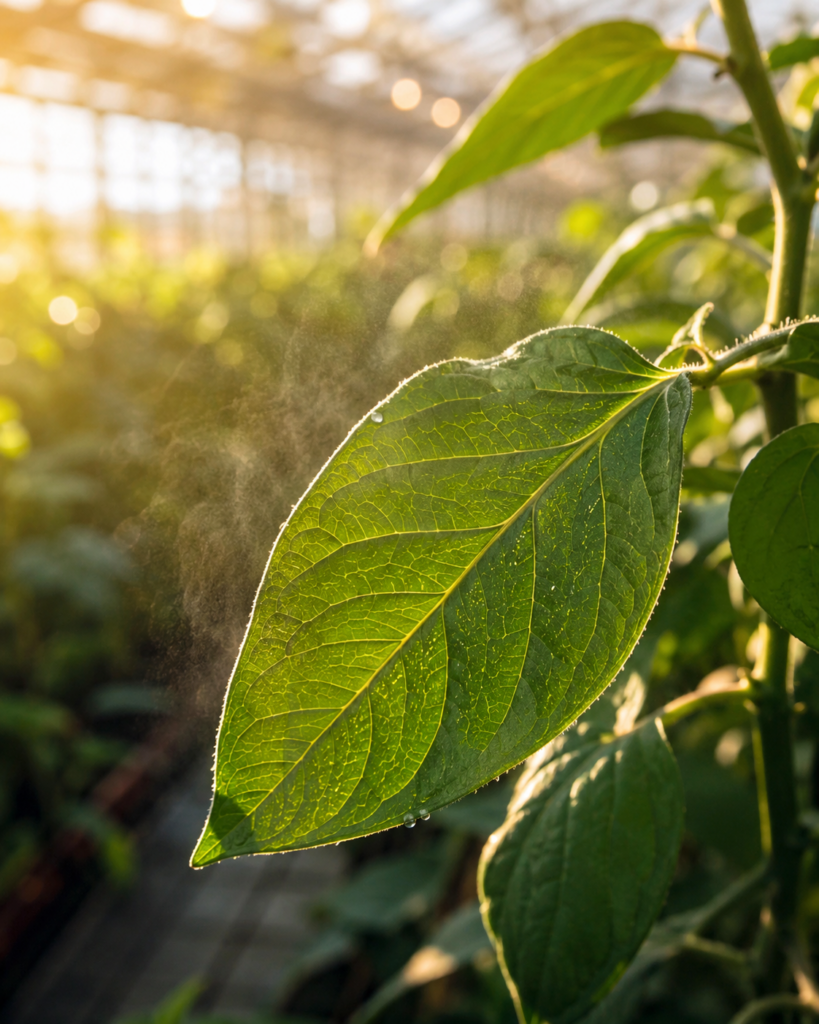 Hoja de cultivo bajo un sistema de nebulización para el control climático en invernadero.